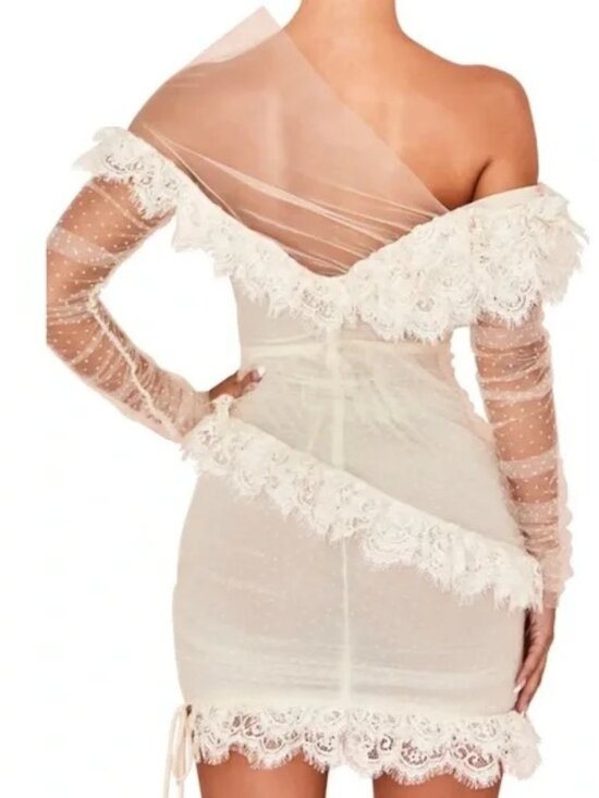 House of CB Sorrel Ivory Lace Frill Mini Dress Size M Off Shoulder Sexy Ruffles - Picture 2 of 13